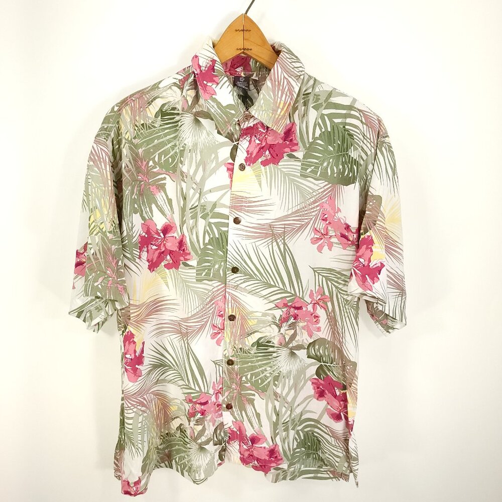 Hibiscus Collection Hawaiian Button Front Shirt Men's XL Multicolor Floral Fern